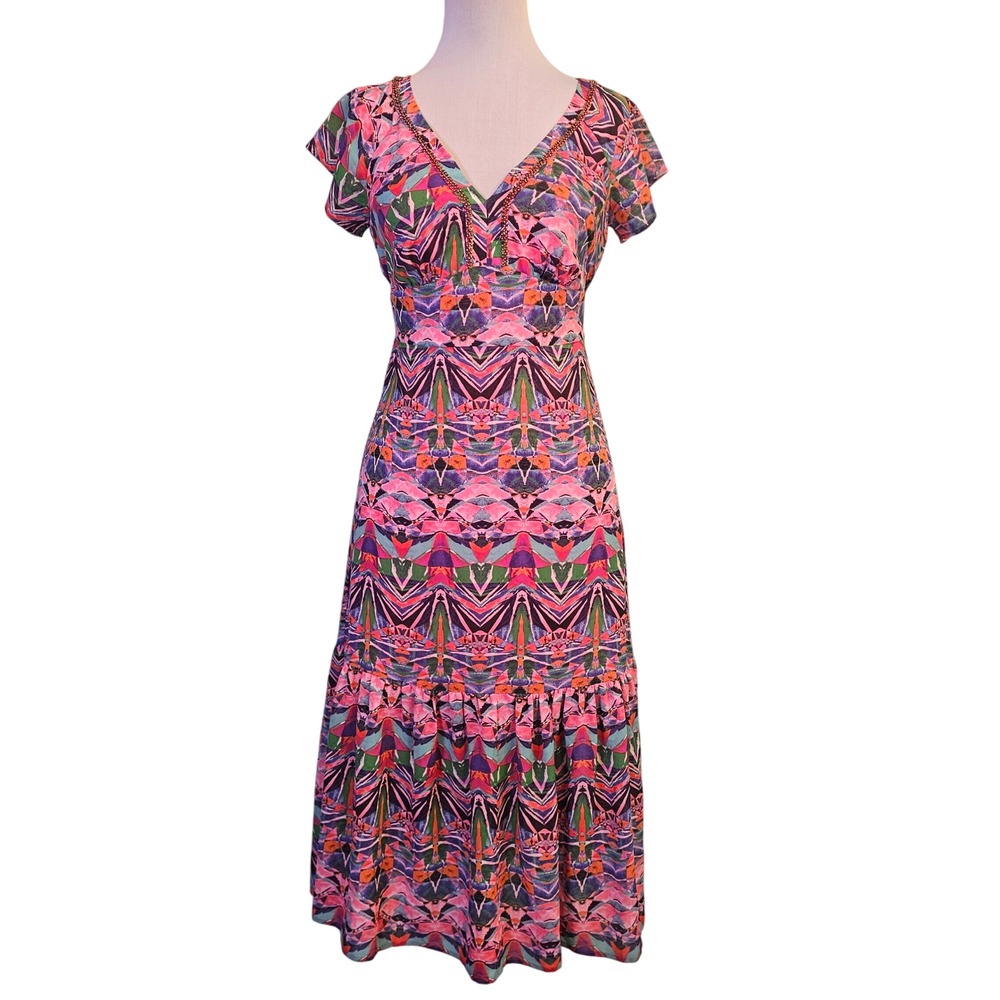 Vanessa Virginia Anthropologie Abstract Geometric Beaded Midi Dress Boho US 8